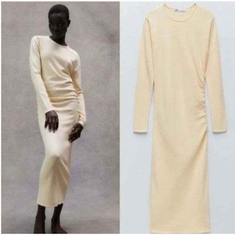 Yellow Zara Side-Cinch Long Sleeve Knit Dress (NWT)